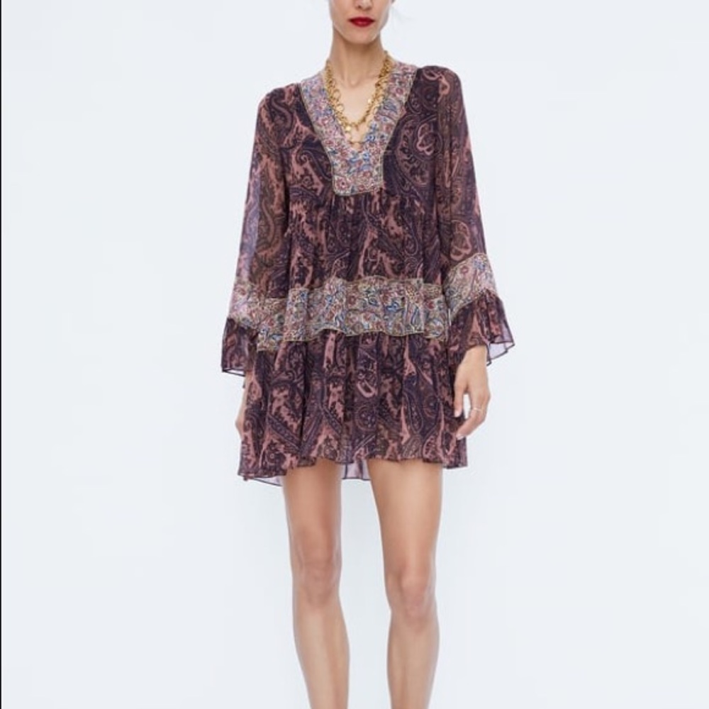 Flowy Patchwork Paisley ALine Trumpet Sleeve Dress